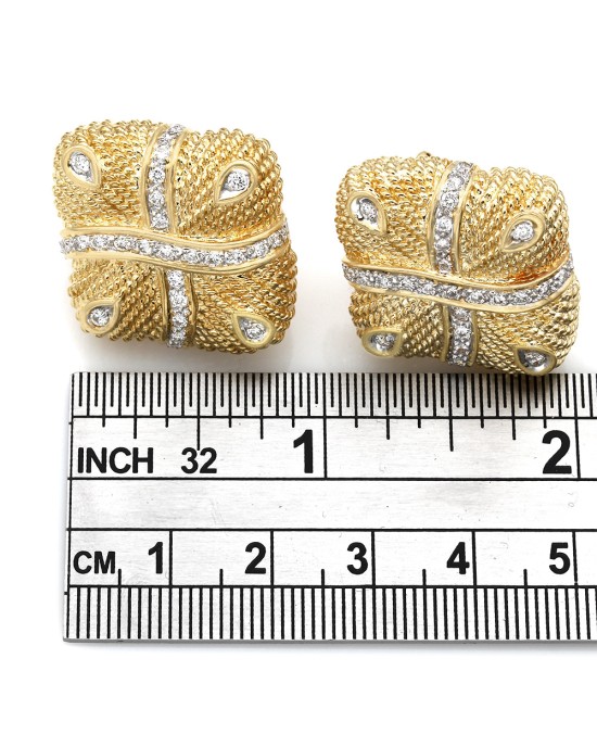 Square Shaped Diamond Accented Earrings with Rope Design in 18k Yellow Gold